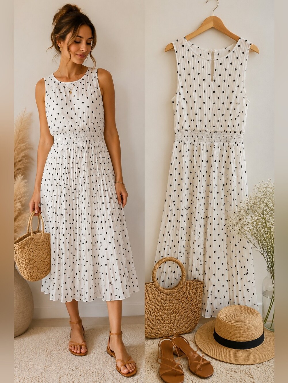 Wilfred Aritzia Polka Dot Pleated Midi Dress | Smocked Waist | Size 2XS